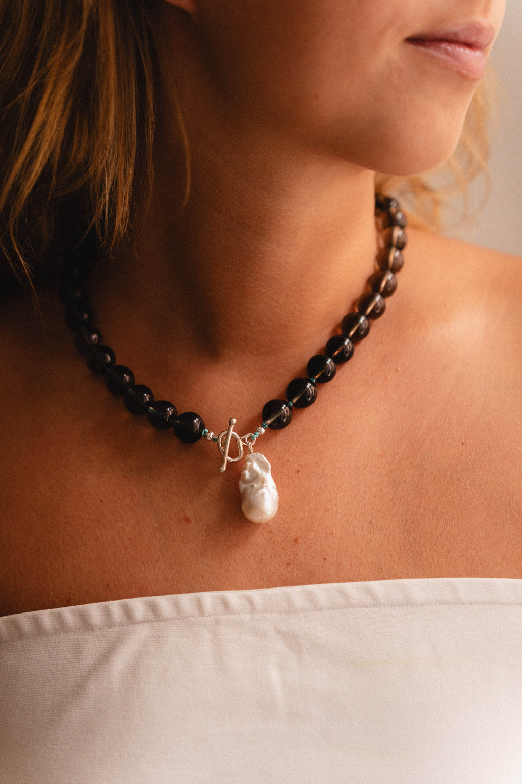 Rocky Necklace – Smoky Quartz & Freshwater Pearl